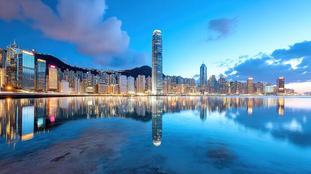 Serene illuminated harbor skyline twilight reflection photo