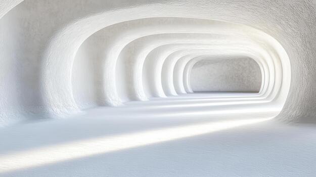Serene white curved tunnel with rhythmic archways and soft sunlight casting long shadows photo