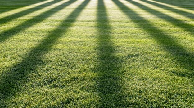 Green grass field with long striped shadow pattern creating calm mood photo