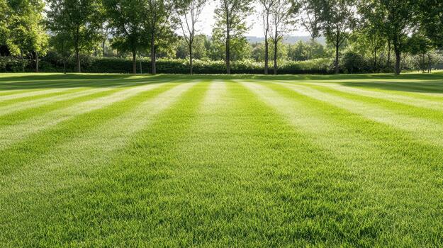 Fresh green lawn with striped mowing pattern and tree border, peaceful sunny scene photo