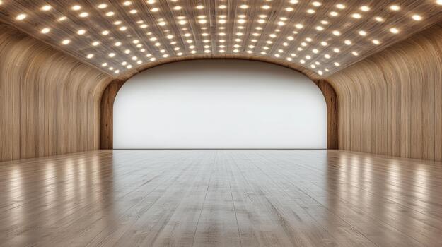 Spacious empty wooden hall with curved walls and illuminated ceiling creating calm ambiance photo