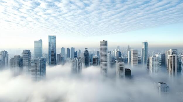 Misty skyline with skyscraper tops emerging above low cloud layer, tranquil morning light photo