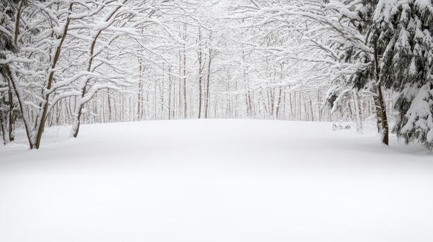 Snowy forest horizon with blank snowy center evokes calm and stillness photo