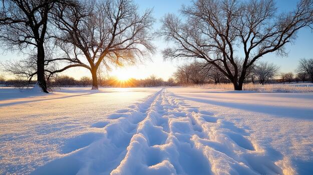 Snow sunrise over snowy field with tire track path and bare oak trees photo