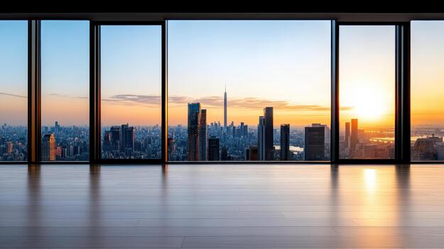 Empty modern interior with skyline view at sunrise, warm light and calm atmosphere photo