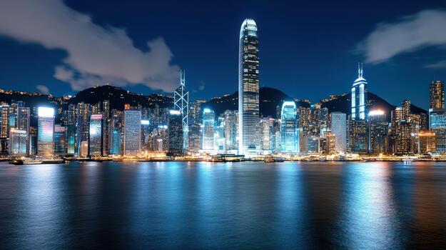 Sparkling skyline at night with illuminated skyscraper reflections photo