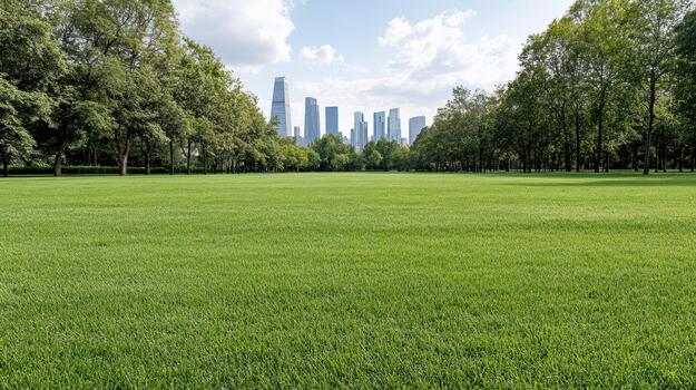 Wide green lawn bordered by trees with distant urban skyline and soft cloudy sky photo