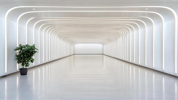 Sleek metro station architecture empty smooth center with soft linear lighting and potted plant photo