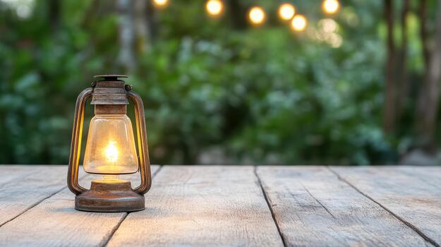 calentar linterna en de madera mesa con bokeh jardín luces creando acogedor noche resplandor foto