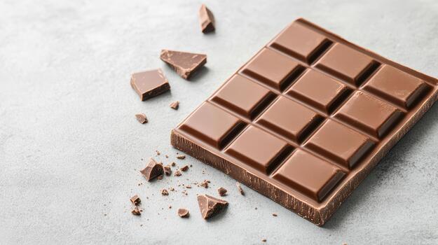 Milk chocolate bar with broken pieces on concrete surface, smooth rich texture and warm tone photo