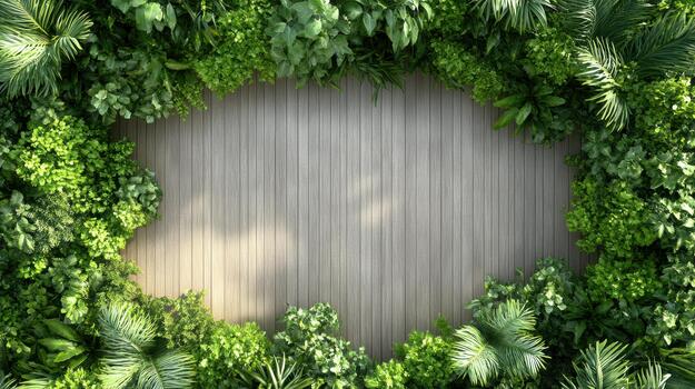 Green foliage frame around wooden deck with soft light and calm mood photo