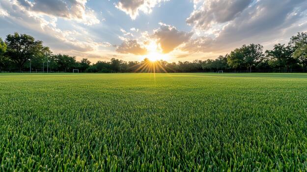 Sunrise field grass open sky warm lighting calm scene photo