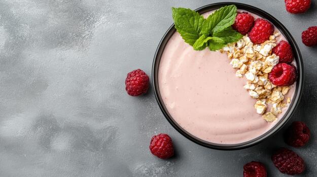 Pink smoothie bowl topped with granola raspberry and mint on slate surface photo
