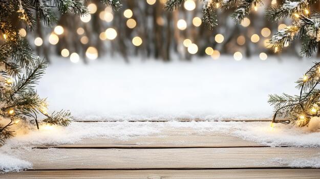 Nevado de madera mesa con brillante hojas perennes bokeh luces creando acogedor fiesta atmósfera foto
