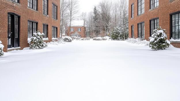 Snow courtyard between brick buildings with evergreen shrubs and bare trees photo