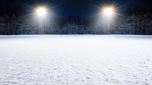Snow field under glowing stadium lights at night with frosted forest backdrop, serene atmosphere photo