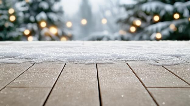 Snow dusting on wooden deck with snowy fir tree lights creating cozy winter scene photo