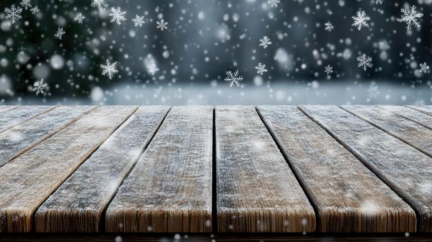 Snowflake wooden deck dusted with snow creating calm winter scene photo