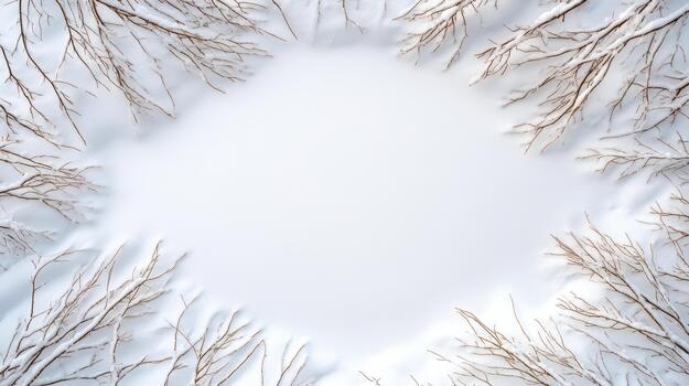 Snowy bare tree branch frame embracing soft sunrise light, tranquil winter scene photo