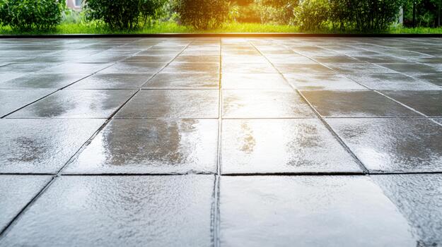 Wet tiled pavement reflecting morning light with wet texture and warm glow photo