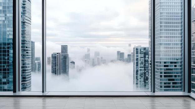 Modern city skyline foggy morning view from empty office window photo