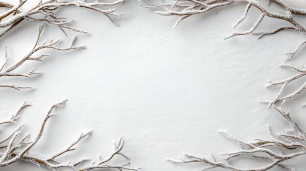 Frosted branch frame winter snow background minimalist snowy border empty center composition photo