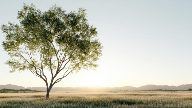 iluminado por el sol solitario árbol en dorado pradera a brumoso amanecer con calma sereno estado animico foto