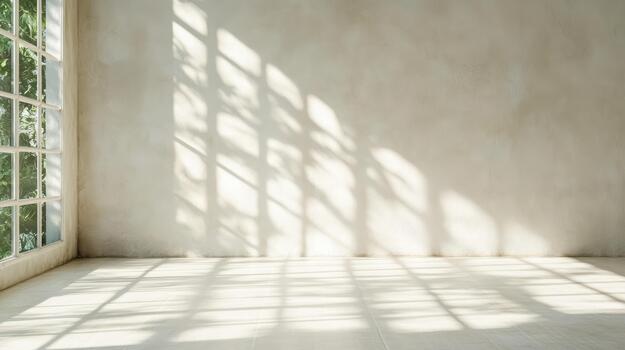 Soft hazy sunlight shadows blank smooth center floor wall window photo