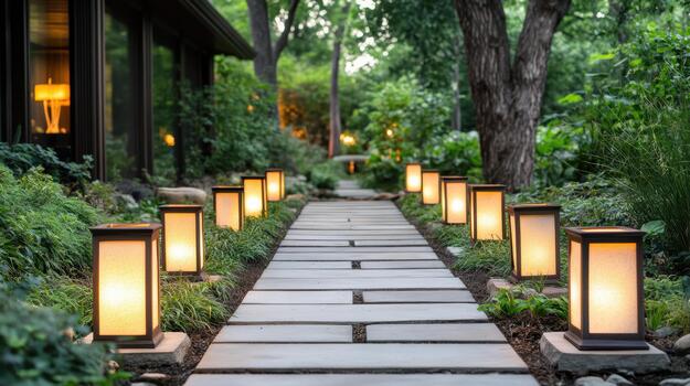 Lantern path garden evening glowing walkway inviting atmosphere photo