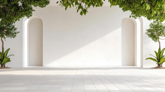 Minimal white archway courtyard with tile floor and leafy plants creating calm light photo