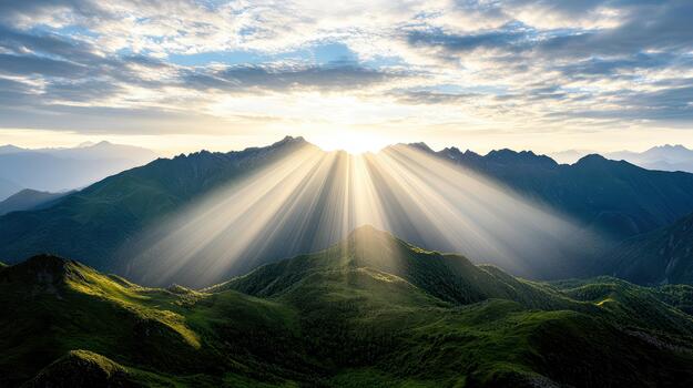 Sunrise mountain light halo soft rays green ridge calm atmosphere photo