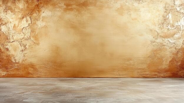 Warm textured golden wall with empty concrete floor, soft ambient light and subtle patina photo