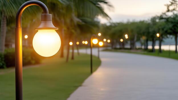 Warm street lamp pathway evening glow with palm trees and serene lakeside photo