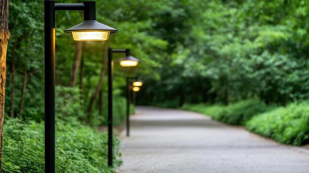 Glowing pathway lamp post lined forest walkway at dusk with peaceful mood photo