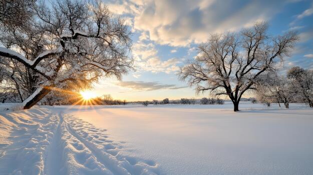 Snowy sunrise landscape with frosted trees and soft light across open field photo