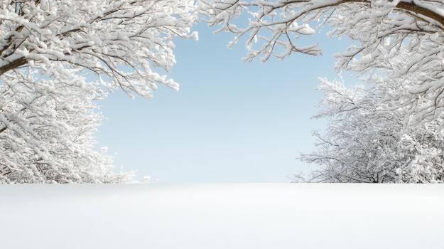 Snow covered tree branches frame empty snowy field under pale blue sky, peaceful winter scene photo