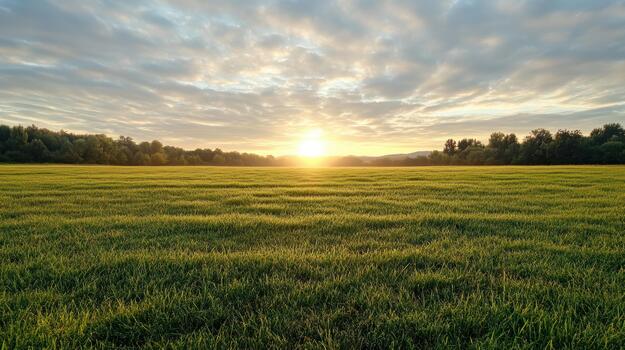 verde campo amanecer paisaje con suave calina y distante árbol línea, tranquilo estado animico foto