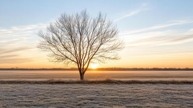 Lonely tree in frosty field at sunrise with soft haze and calm mood photo