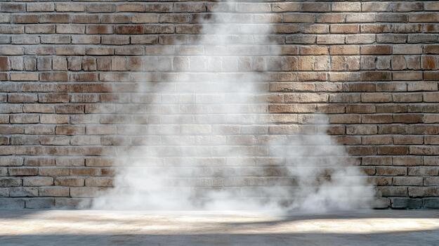 Foggy spotlight on brick wall and concrete floor creating moody atmosphere photo