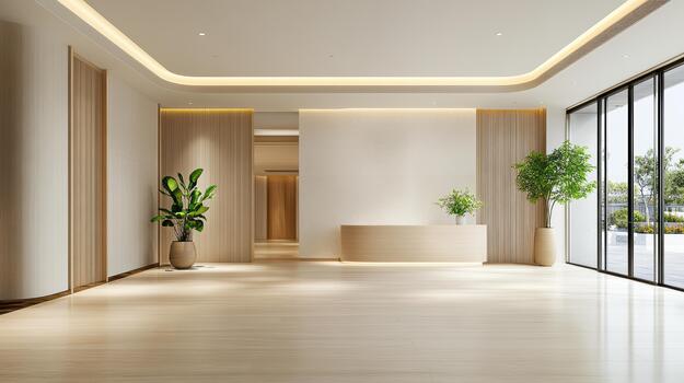 Modern office lobby with wooden floors and large windows photo