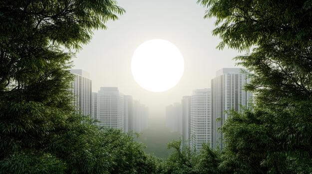 Sunlit skyline with highrise towers framed by lush trees photo
