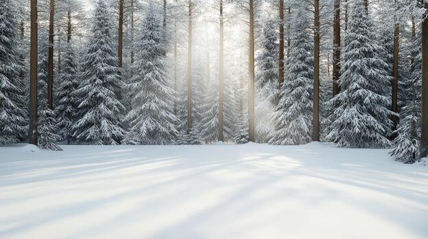 Snowy forest sunrise with soft light and blank center zone photo