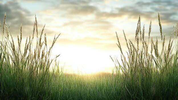 Sunrise grass field soft textured green meadow with warm glowing sky photo