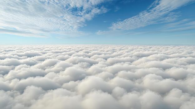 Fluffy cloudscape under blue sky with distant horizon and soft light photo