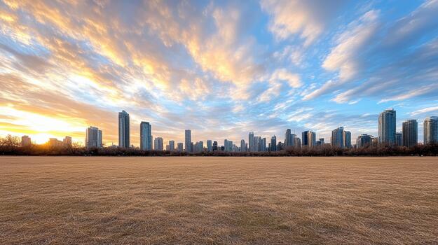 A field with tall buildings in the background photo