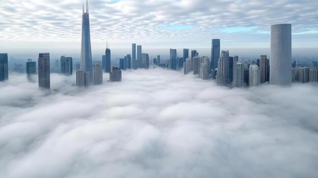 City skyline above low fog with tall modern skyscraper peeking through clouds, serene atmosphere photo