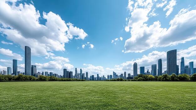 Open green field under blue sky with city skyline and scattered clouds photo