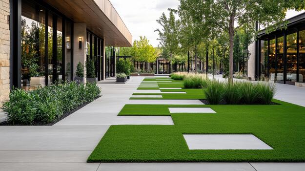 Modern courtyard walkway with geometric grass squares and concrete stepping pads, calm atmosphere photo