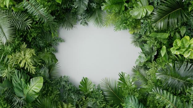 Lush green tropical foliage border framing empty center for text with calming natural vibe photo