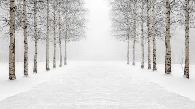 un camino forrado con abedul arboles en el nieve foto